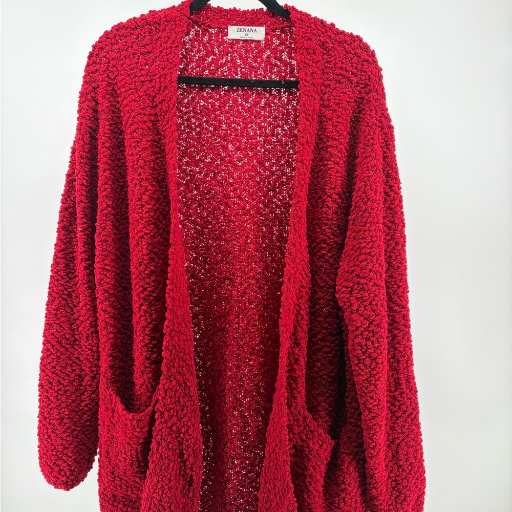Zenana Red Tunic Cardigan Pockets Nubby Knit Sweater Plus 1X,‎ Super Soft, Comfy